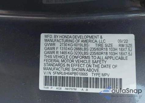 2023 Honda Odyssey Ex-L from USA, damaged, VIN 5FNRL6H64PB010665